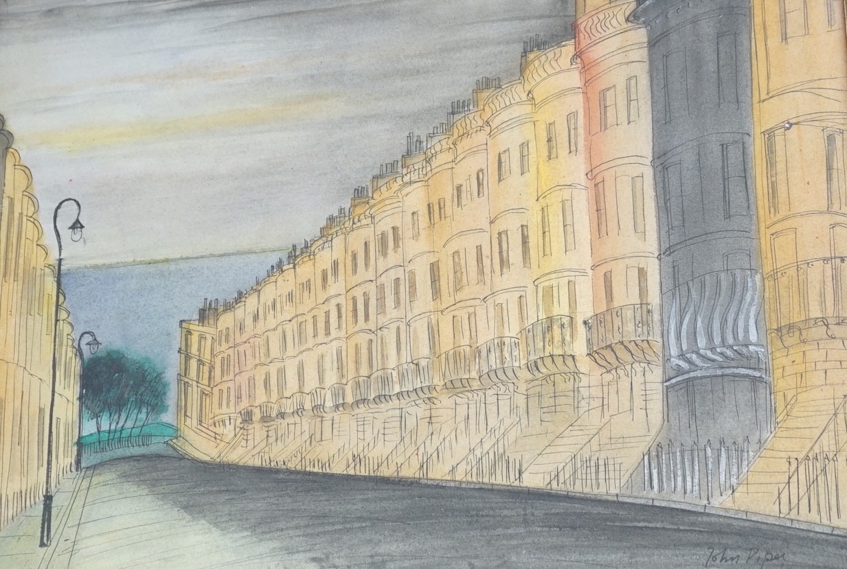 Follower of John Piper, ink and watercolour, Brighton street scene, bears signature and date 18.V.39, 30 x 40cm